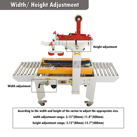 Intsumai Auto Tape Case Sealer Box Carton Packing Machine adjustable width and height settings displayed, side view.