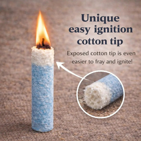 Unique easy ignition emergency cotton fire plug for camping and survival wax coated fire starters, showing exposed cotton tip.