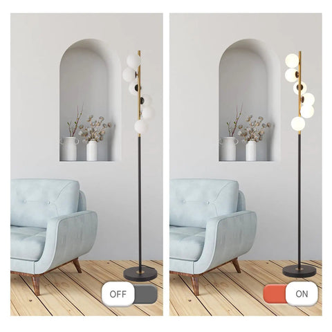 Six Globe Floor Lamp With Glass Shade Tall LED Pole Light In Black And Gold Finish in living room, off and on display