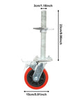 Battle Ready Six Inch Scaffold Casters With Solid Iron Rod And Premium Polypropylene Shell close-up view showing dimensions and heavy duty design.