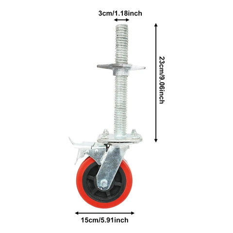 Battle Ready Six Inch Scaffold Casters With Solid Iron Rod And Premium Polypropylene Shell close-up view showing dimensions and heavy duty design.