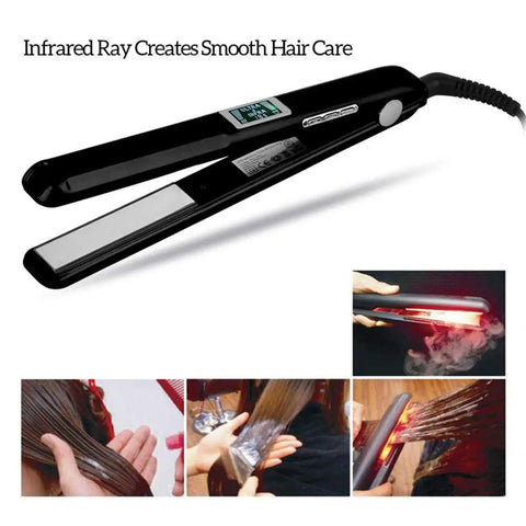 Infrared Ultrasonic Hair Straightener With Ceramic Flat Iron Technology for Frizzy Damaged Hair Heatless Therapy LCD Display in use