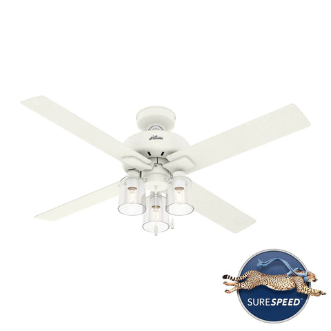 Modern 52 Inch Matte White Ceiling Fan With LED Light And Pull Chain Multi Speed WhisperWind Motor with SureSpeed logo