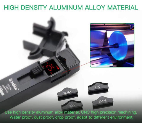 Heavy Duty Fiber Optic Identifier Break Checker with adapters and display, high-density aluminum material, audible alarm feature