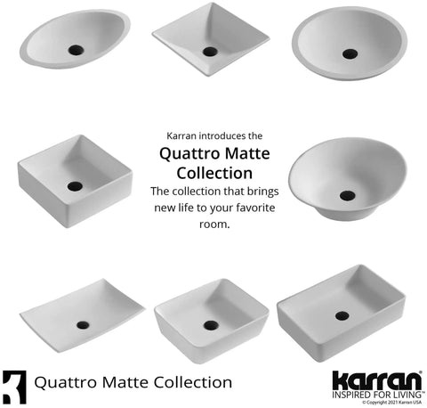 Collage of various styles from the Quattro Matte Collection by Karran, showcasing modern matte white vessel sinks.