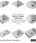 Range of Karran Quattro Matte Collection sinks, various shapes, featuring durable acrylic resin material and modern design. Copyright 2021 Karran USA