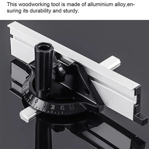 Heavy Duty Adjustable Universal Aluminum Miter Gauge Fence System With Rock Solid Angle Plate Ruler And Easy Grip Push Block For Pro Benchtop Woodworking Builds on dark surface.