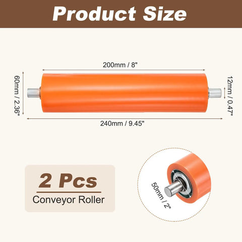 Patikul 2Pcs Heavy Duty Conveyor Rollers, 8 Inch Long Orange Rubber Coated Steel Transfer Wheels size illustration