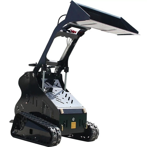 Mini Skid Steer Loader With 13.5HP Stand On Compact Crawler Design 45 Inch Bucket Hydraulic Drive Easy Lifting And Digging Wide Attachments Compatibility USA Stock Transparent Delivery No Hidden Fees in raised position