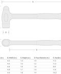 Dimension diagram of 26 Oz Ball Peen Dead Blow Hammer with Nonslip Handle for accurate control on metal and wood projects.