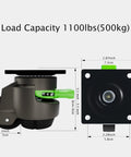 Side and top view of heavy duty caster with ratchet, swivel, adjustable feet, 1100 lbs capacity, dimensions shown for 4 Pack Leveling Casters Heavy Duty With Upgraded Ratchet 360 Degree Swivel With Feet Height Adjustable Total Capacity 2200 Lbs Ideal For Workbenches And Machinery Easy Height Adjustment By Shaking Handle For Quick Leveling On Any Surface.