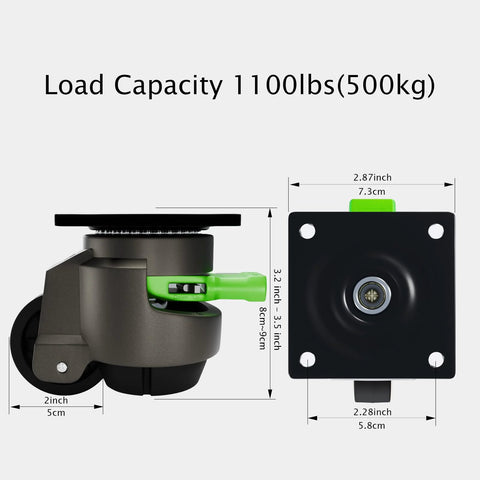 Side and top view of heavy duty caster with ratchet, swivel, adjustable feet, 1100 lbs capacity, dimensions shown for 4 Pack Leveling Casters Heavy Duty With Upgraded Ratchet 360 Degree Swivel With Feet Height Adjustable Total Capacity 2200 Lbs Ideal For Workbenches And Machinery Easy Height Adjustment By Shaking Handle For Quick Leveling On Any Surface.