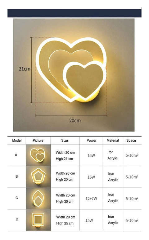 Nordic Bedroom Sconce Postmodern LED Wall Light Simple Bedside Lamp Living Room Decorations Wall Lamps Staircase Lights (Color : C Black Size : Warm White) (A White Warm White) in heart shape, 20cm wide, 21cm high, made of iron and acrylic.
