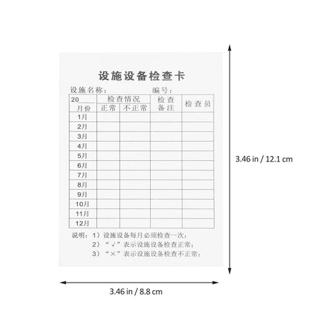 Equipment Inspection Cards Pack 20 Sets With Waterproof PVC Sleeve Safety Tags showing inspection checklist in centimeters.
