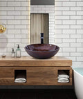 Sixteen Point Five Inch Dope Tempered Glass Brown Vessel Sink With Solid Brass Faucet Combo on wooden bathroom countertop
