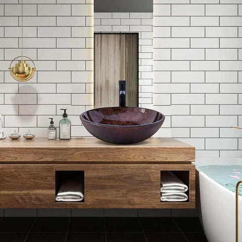 Sixteen Point Five Inch Dope Tempered Glass Brown Vessel Sink With Solid Brass Faucet Combo on wooden bathroom countertop