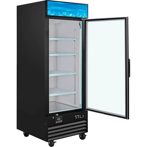 Pro Grade Merchandiser Freezer With 23 Cubic Foot Capacity Slick Black Finish Built Tough For Busy Shops Features glass door and four epoxy shelves.