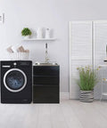 PF7509A Dual Spray Kitchen And Laundry Faucet With Flexible Neck Deck Mount Black Finish in modern laundry room setup