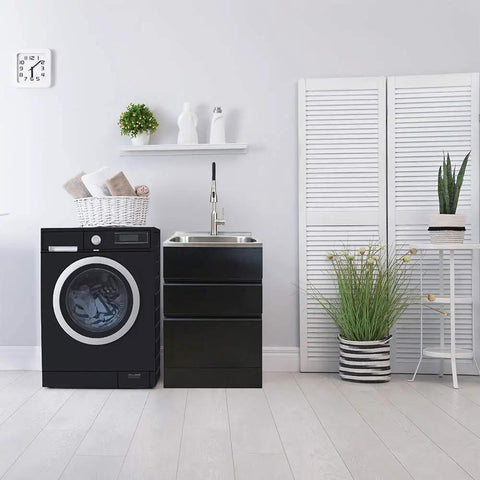 PF7509A Dual Spray Kitchen And Laundry Faucet With Flexible Neck Deck Mount Black Finish in modern laundry room setup
