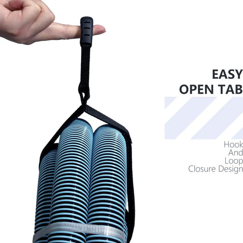 Two Pack Heavy Duty Cord Storage Wrap Holder with hook and loop strap holding blue coiled hoses, finger holding carrying strap.