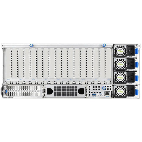 Top Tier Dual AMD Epyc 9965 192 Core Rackmount Server Packing Eight RTX Pro 6000 Cards With Serious Vram For Slick LLM Training And HPC Jobs Includes 2.3TB DDR5 ECC RAM And 3200W PSU To Keep Your Rig Rolling Smooth, rear view.