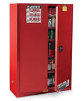 Rock Solid Steel Flammable Safety Cabinet With Self Closing Door And Five Adjustable Shelves For Shop Storage Red 36 Gallon, featuring open door to display shelves.