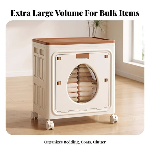 No Sweat Mobile Storage Bin With Flip Top Lid, Foldable Plastic Closet And Nursery Organizer Tote Riding Smooth On Heavy Duty Casters for bulk items.