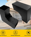 Heavy Duty Two Way Pergola Brackets Kit For 4x4 Lumber L Shaped DIY Brackets with Matte Black Finish shown against a blurred patio backdrop.