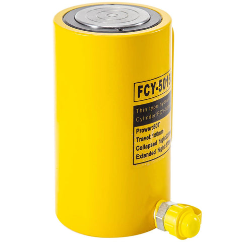 Yellow hydraulic cylinder jack, side view; 50T capacity and 150mm stroke.