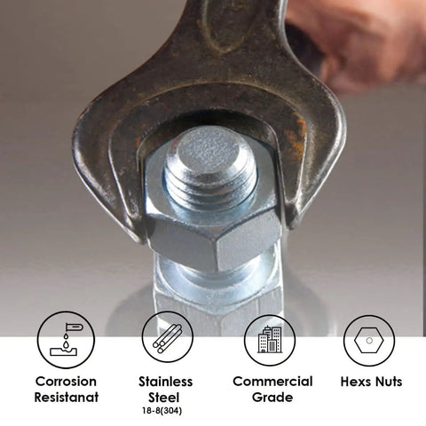 Close-up of a wrench tightening a 1/4-20 Nylon Insert Lock Nut Set Of 100 Stainless 304 Hex Lock Nuts With Nylon Insert, used on metal.