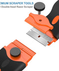 All In One Blade Scraper With 50 Blades For Glass Windows And Cooktops Includes Plastic Safe Blade And Metal Heavy Duty Blade Decal Remover Tool Orange shown in close-up with metal blades.