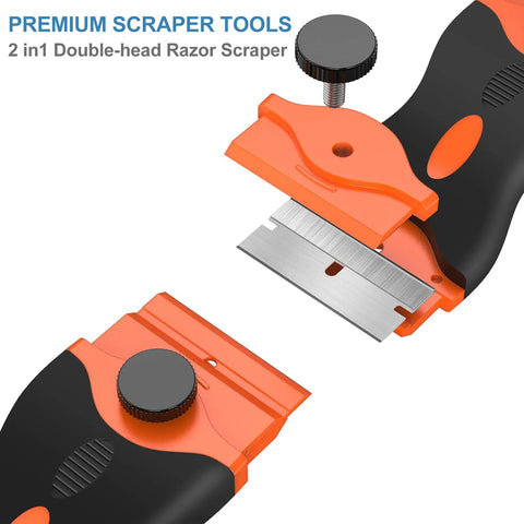 All In One Blade Scraper With 50 Blades For Glass Windows And Cooktops Includes Plastic Safe Blade And Metal Heavy Duty Blade Decal Remover Tool Orange shown in close-up with metal blades.