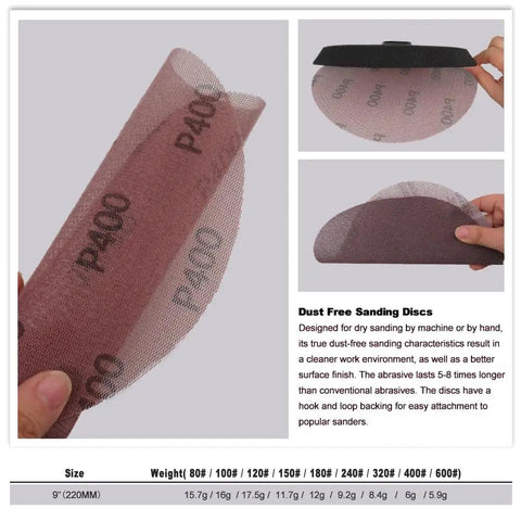 Grab These 10 Pro Mesh Sanding Discs For Dust Free Grindin' Jobs. 9 Inch P400 sanding disc shown with hook and loop backing.