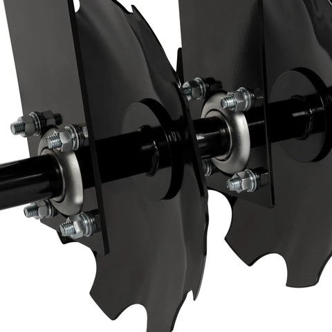 Close-up of heavy duty steel construction on 46 Inch Universal Disc Harrow for CAT 0 tractors with powder coated finish and 3 point hitch