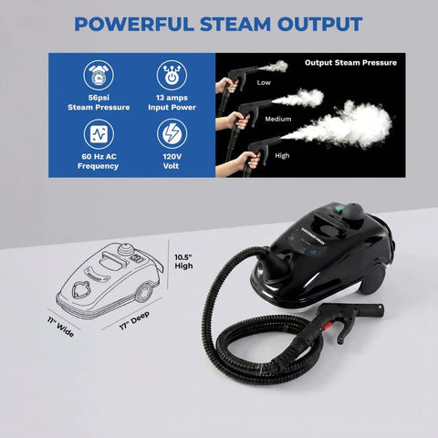 Compact Dry Steam Cleaner 1700W Commercial Grade with 72-inch hose, black design, essential for grease and stain removal.