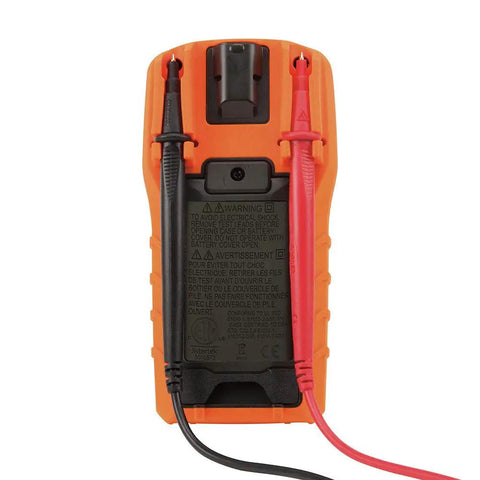 Back view of Auto-Ranging Digital Multimeter Pro Grade For DIY And Tech Pros, orange with red and black test leads attached