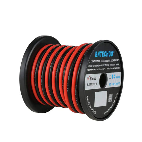 8 Gauge 2 Conductor Parallel Silicone Wire Red Black Ultra Flexible Extension Cable For LED Strip 20 Ft Spool Tinned Copper