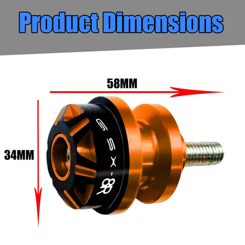 GSX 8R CNC Aluminum Swingarm Spool Slider Kit Orange Anodized Pro Grade Motorcycle Accessory dimensions 58mm x 34mm