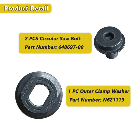 Circular Saw Outer Flange And Blade Clamp Bolt Replacement Kit Fits DCS367 DCS372 featuring bolts and washer part numbers 648697-00 and N621119
