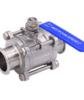 DERNORD 2-inch sanitary ball valve, angled front view; tri-clamp ends, stainless steel 304, blue lever.