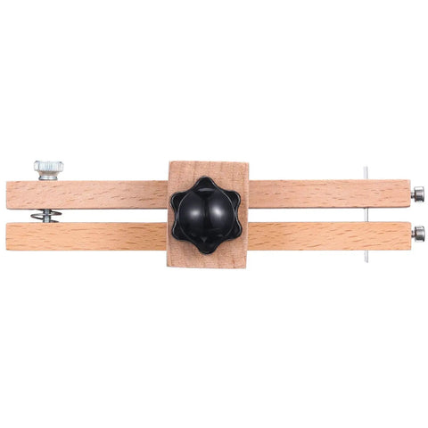 Leather Strap Cutter Beech Wood DIY Leatherworking Tool with Adjustable Blade System and Five Replacement Blades visible from top.