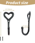 Dope Black Cast Iron Heart Shaped Wall Hooks For Home Decor Vibes And Closet Organization Heavy Duty Decorative Craft Hanging Hardware Reliable Set Of Two Pieces, showing dimensions of each hook.