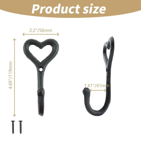 Dope Black Cast Iron Heart Shaped Wall Hooks For Home Decor Vibes And Closet Organization Heavy Duty Decorative Craft Hanging Hardware Reliable Set Of Two Pieces, showing dimensions of each hook.