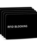 5 Pack RFID Blocking Card Shields For Wallets And Passports, black card protectors displayed in a layered stack