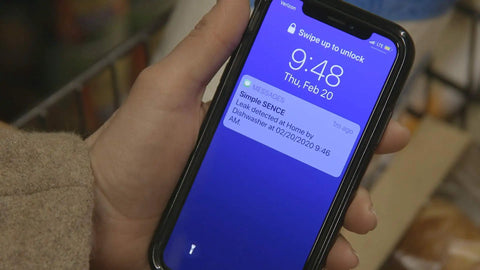 Smart Water Leak And Freeze Detector With WiFi Alerts, 80dB Audible Alarm notification shown on smartphone screen.