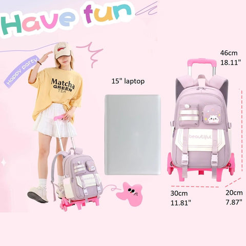 Girl with Cat Print Rolling Backpack For Girls And Kids With Wheels Trolley Roller Bookbag, pink, next to size chart and laptop.