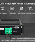 Beefy 3 Port Rugged Industrial Gigabit Din Rail Switch With 10/100/1000 Mbps Ethernet, featuring dual redundant power inputs.