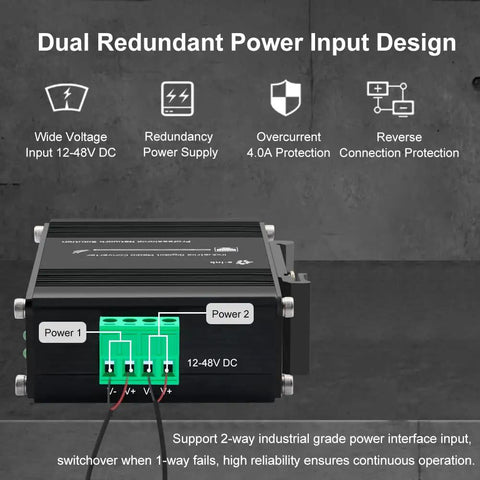 Beefy 3 Port Rugged Industrial Gigabit Din Rail Switch With 10/100/1000 Mbps Ethernet, featuring dual redundant power inputs.