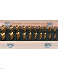 20-piece HSS tin-coated end mill set in a wooden box; 2- and 4-flute cutters, diameters 3/16"–3/4"