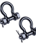 Badass 5/16 Inch Black Bow Shackles Featuring A Rock Solid 3/8 Pin And Wide 1/2 Jaw Heavy Duty Marine Grade 316 Stainless Steel Anchor Rigging Hardware With Cotter Pins 2 Pack Hella Durable Boat Gear showing two durable black bow shackles.